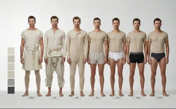 Evolución de prendas interiores masculinas por épocas, foto editorial en estudio