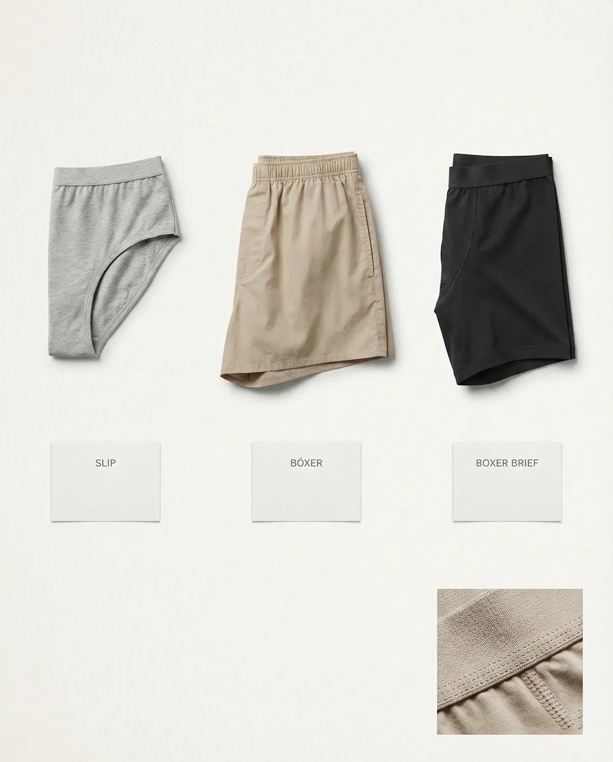 Comparativa de slip, bóxer y boxer brief doblados, guía de cortes