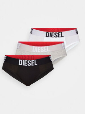 Pack de 3 slips Diesel E6679 para hombre. Colores negro, gris y blanco, cinturilla elástica con logo Diesel e interior rojo. ¡Comodidad y estilo garantizados!