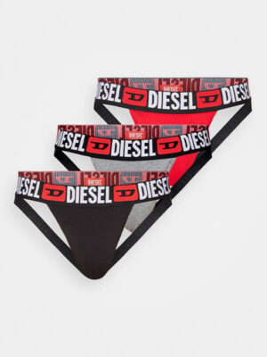 Pack de 3 suspensorios Diesel Jockstrap E5326 para hombre. Diseño anatómico, colores negro, gris y rojo, cinturilla con logo Diesel. ¡Estilo y soporte garantizados!