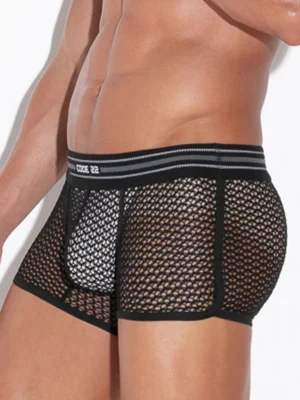 Boxer Code 22 Openwork negro vista lateral derecha, diseño sensual y atrevido en rejilla