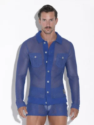 Camisa de Rejilla Transparente Code 22 Openwork Azul - Vista frontal con botones cerrados y estilo entallado