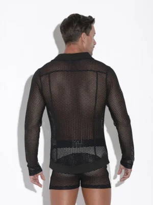 Camisa de rejilla transparente Code 22 Openwork negra, vista trasera completa.