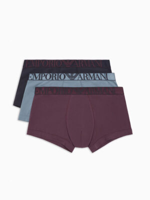 Pack de 3 Boxers Emporio Armani 4F726 en colores granate, azul grisáceo y azul marino en vista frontal