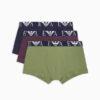 Pack de 3 boxers Emporio Armani 4F715 en colores verde, burdeos y azul oscuro con banda elástica y logotipo blanco