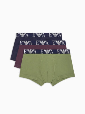 Pack de 3 boxers Emporio Armani 4F715 en colores verde, burdeos y azul oscuro con banda elástica y logotipo blanco