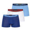 Pack de 3 boxers Emporio Armani 4F717 en colores azul claro, azul marino y blanco con bandas elásticas en rojo, azul y azul claro