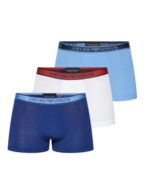 Pack de 3 boxers Emporio Armani 4F717 en colores azul claro, azul marino y blanco con bandas elásticas en rojo, azul y azul claro