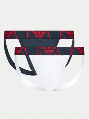 Pack de 2 suspensorios Emporio Armani 4F715 en colores blanco y azul con logotipo rojo en la banda elástica