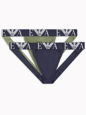 Pack de 2 suspensorios Emporio Armani 4F715 en colores verde y azul oscuro con banda elástica y logotipo blanco