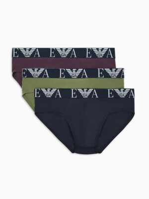 Pack de 3 slips Emporio Armani 4F715 en colores burdeos, verde y azul oscuro con banda elástica y logotipo blanco