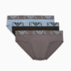 Pack de 3 slips Emporio Armani 4F715 en colores gris, azul claro y azul oscuro con banda elástica y logotipo gris