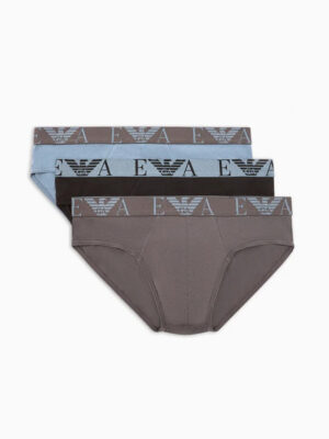 Pack de 3 slips Emporio Armani 4F715 en colores gris, azul claro y azul oscuro con banda elástica y logotipo gris