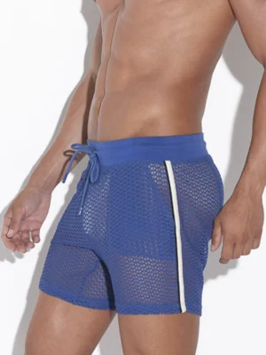 Short hombre Code 22 Openwork azul, vista lateral destacando línea contrastante y estilo deportivo de malla