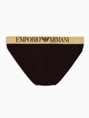 Slip Emporio Armani 4F595 con banda elástica dorada y logotipo icónico.