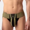 Suspensorio (jockstrap) Barcode Berlin Zuri en color dark army, vista frontal mostrando diseño de cintura ancha y detalles en negro