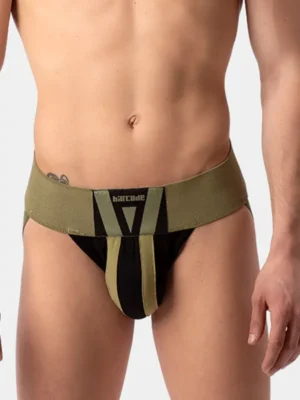 Suspensorio (jockstrap) Barcode Berlin Zuri en color dark army, vista frontal mostrando diseño de cintura ancha y detalles en negro