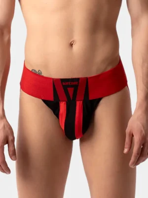 Suspensorio jockstrap Barcode Berlin Zuri en negro y rojo, vista frontal con diseño deportivo y cinturilla ancha