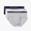 Pack de 3 slips blancos Emporio Armani de algodón puro, con diseño minimalista y logotipo en la cinturilla. Gris, Azul y Blanco