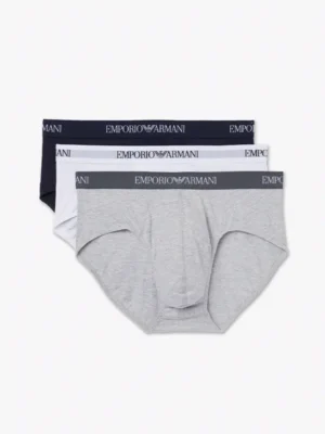 Pack de 3 slips blancos Emporio Armani de algodón puro, con diseño minimalista y logotipo en la cinturilla. Gris, Azul y Blanco