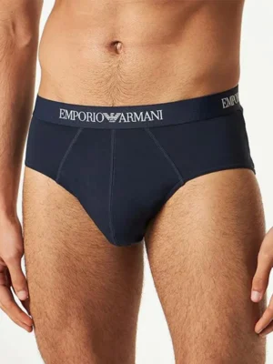 Pack de 3 slips blancos Emporio Armani de algodón puro, con diseño minimalista y logotipo en la cinturilla. Gris, Azul y Blanco