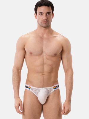 Foto de un hombre usando el Slip de rejilla transparente Barcode Berlin Regiro Pride Blanco. Con banda elástica y diseño en malla.