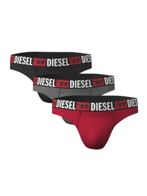 Pack de 3 tangas Diesel E5326 en colores negro, gris y rojo con banda elástica con logo.