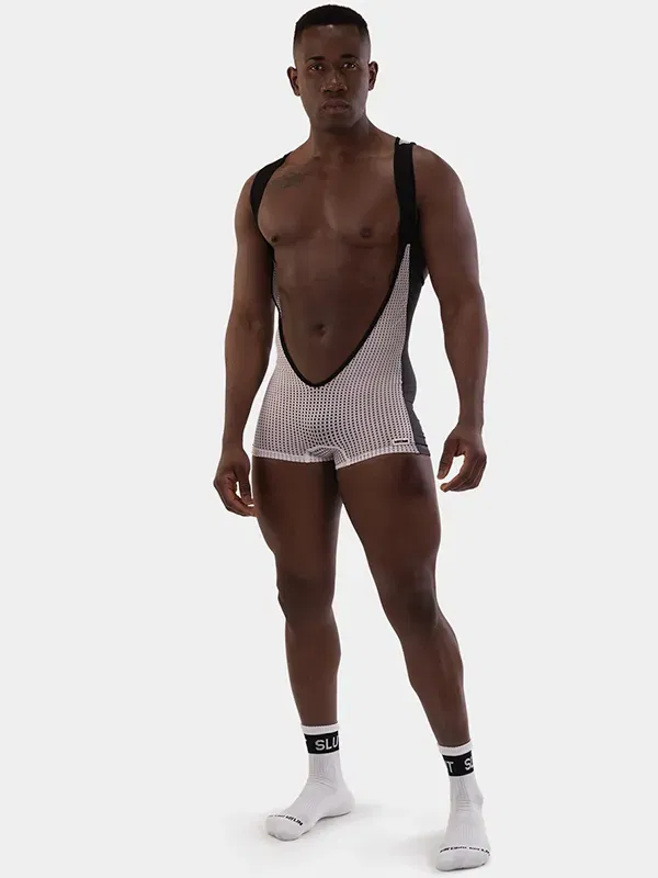 singlet Barcode Berlin Sanke blanco negro de rejilla con escote profundo frontal