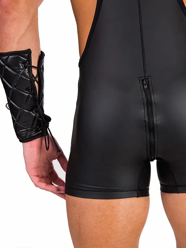 Wrestling singlet hombre negro efecto piel con escote profundo,