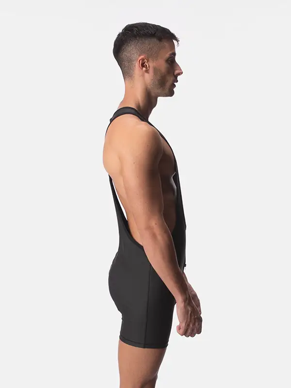 Wrestling singlet hombre negro efecto piel con escote profundo,