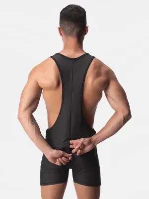 Wrestling singlet hombre negro efecto piel con escote profundo,
