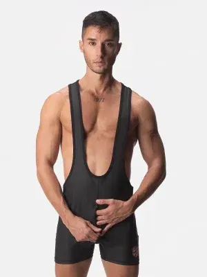 Wrestling singlet hombre negro efecto piel con escote profundo,