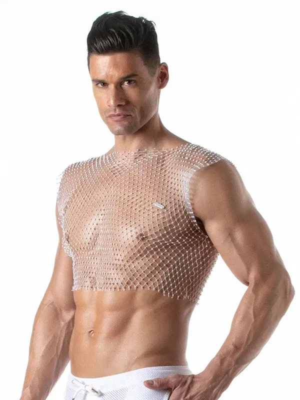 camiseta de tirantes rejilla blanca con brillos