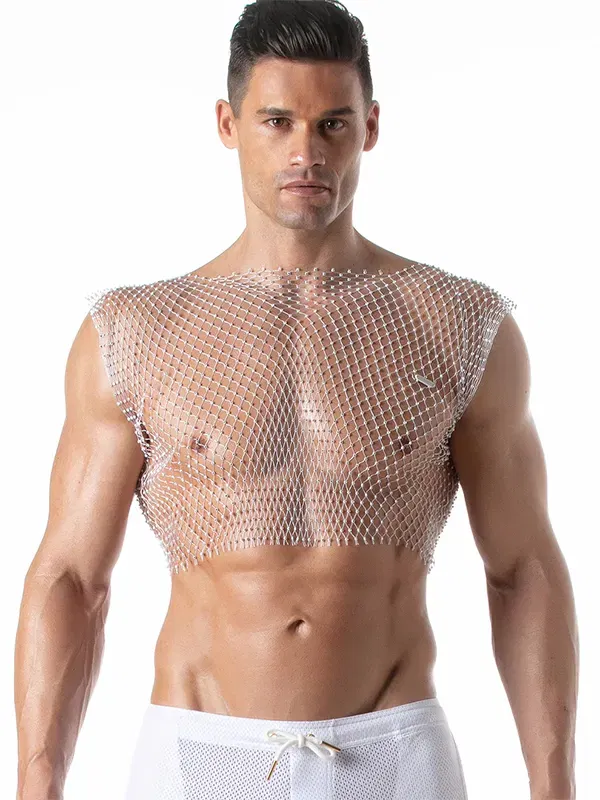 camiseta de tirantes rejilla blanca con brillos