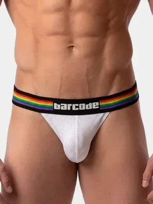 slip bikini blanco Pride Barcode Berlin con cinturilla arcoíris