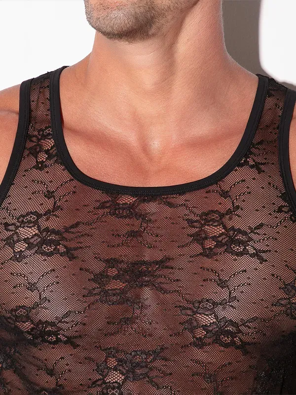 Camiseta de tirantes Code 22de encaje transparente negro
