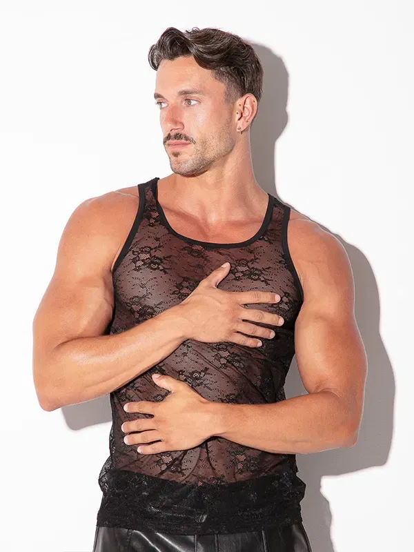 Camiseta de tirantes Code 22de encaje transparente negro