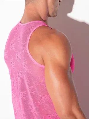 Camiseta de tirantes Code 22de encaje transparente rosa
