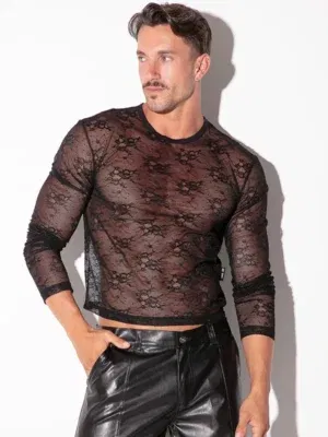 Top de encaje transparente de manga larga negro