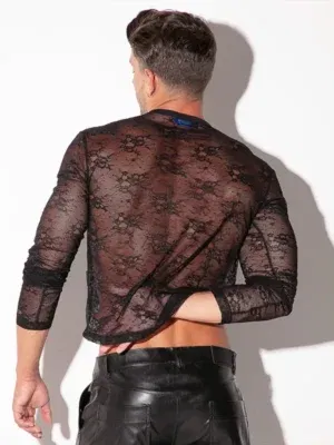 Top de encaje transparente de manga larga negro
