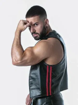 Chaleco cuero sintético negro rojo fetish bar Locker Gear