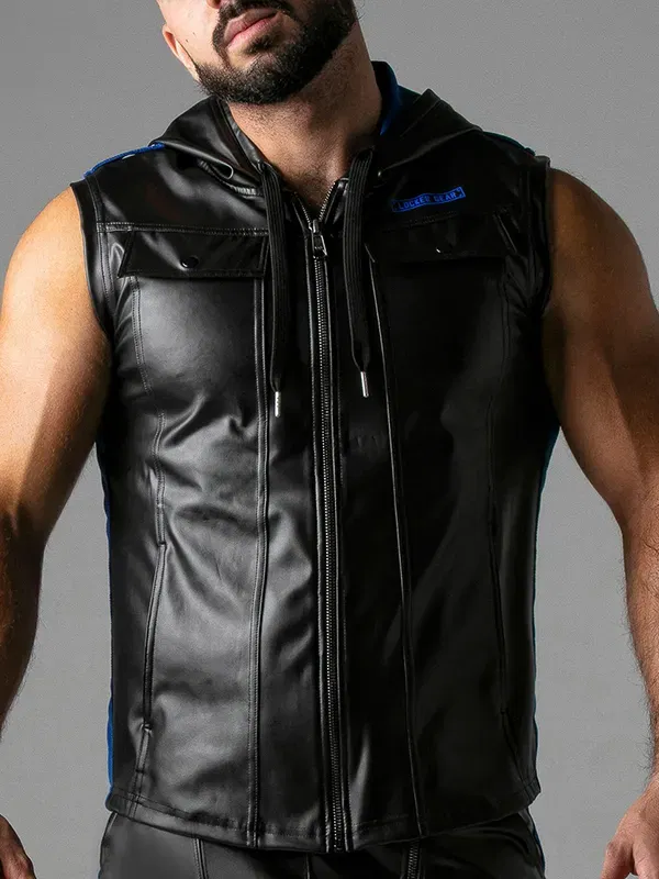 chaleco con capucha efecto cuero Locker Gear negro azul
