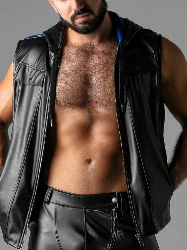 chaleco con capucha efecto cuero Locker Gear negro azul