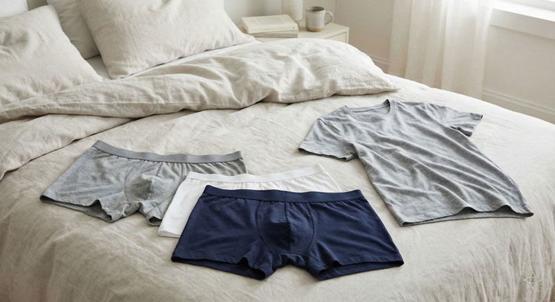 ropa interior de hombre doblada sobre la cama antes de dormir