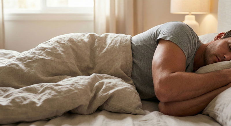 hombre durmiendo relajado en una cama con sábanas blancas cubriéndolo de cintura para abajo