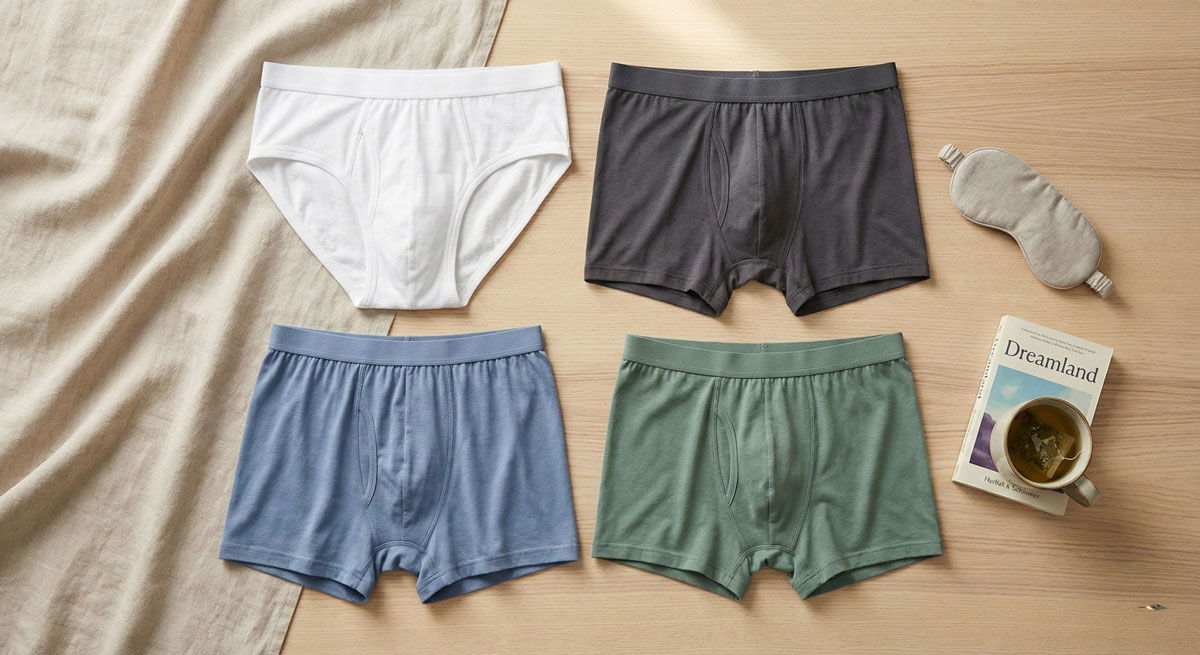 selección de calzoncillos cómodos para dormir de hombre doblados sobre una superficie clara