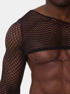 detalle ribete cuello y hombro top malla negra hombre