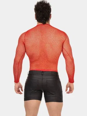 Camiseta rejilla manga larga roja con cuello redondo