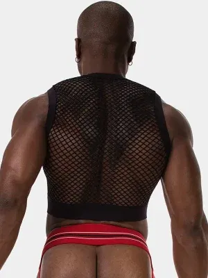 vista trasera crop top hombre negro rejilla y banda inferior