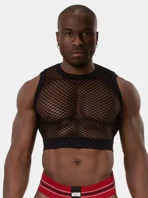 crop top rejilla hombre negro cuello redondo vista frontal
